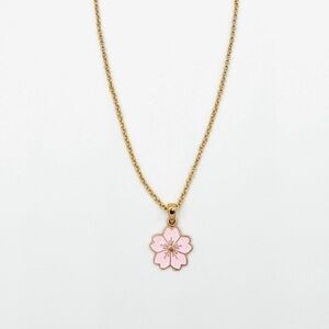 Gold Rope Chain With Sakura Cherry Blossom Enamel Charm.